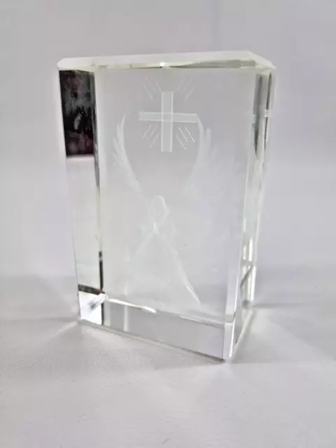 3D Laser Etched Cross & angel 4.5" Crystal Glass Paperweight