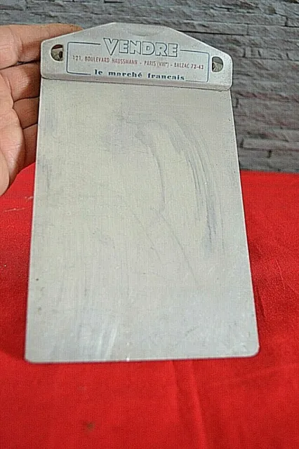 Tablette à pince publicitaire ancienne CURATY aluminium années 50 "VENDRE..."