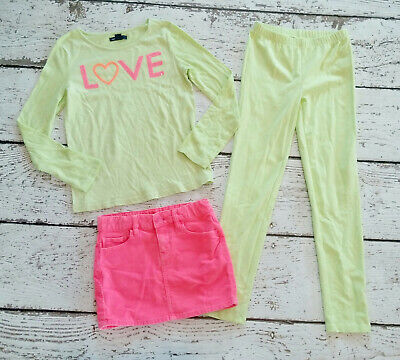 GAP KIDS 8 10 Girls Pink Lime Green LOVE Shirt, Corduroy Skirt, Leggings EUC