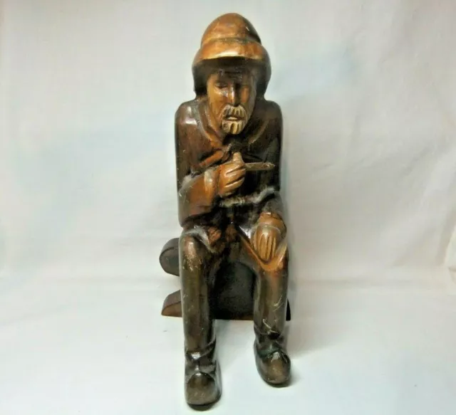 Wood Carved Nautical Figure Statue Captain Man Smoking Pipe Seated Vintage