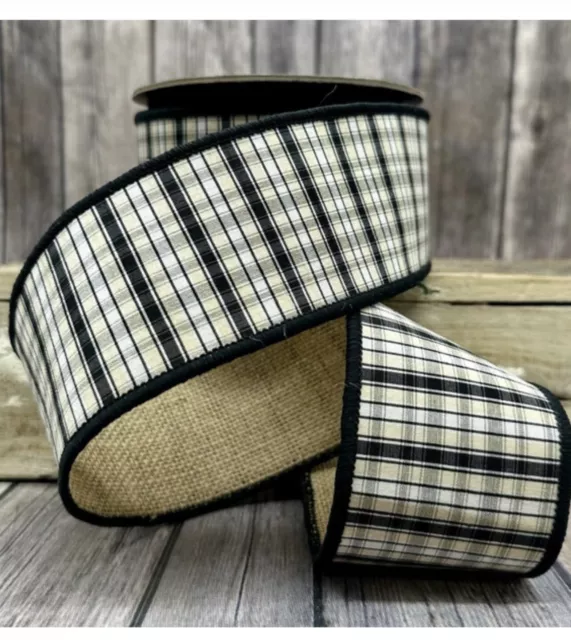 10 Yds - 2 1/2” D. Stevens Wired Black & Beige Plaid Ribbon With Burlap Backing
