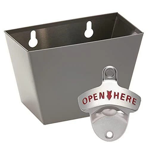 Stainless Beer Bottle Opener Wall Mounted with Cap Catcher Silver