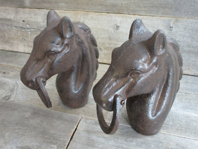 2 Horse Head Hitching Posts W/ Ring Stable Barn Ranch Equestrian Decor Rustic