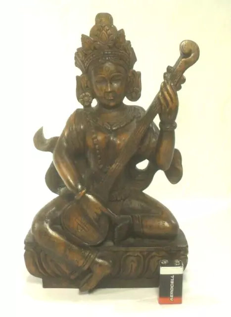 hübsche SARASWATI Holzschniterzerei Sarasvati Figur Hinduismus Gottheit Skulptur