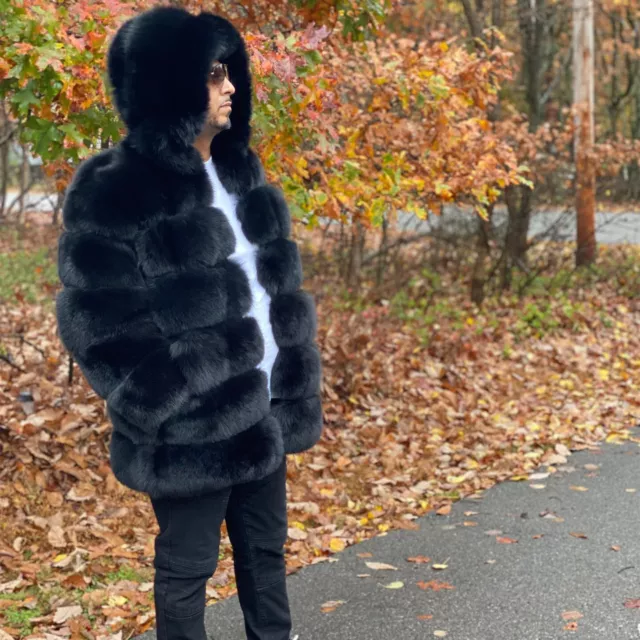 Winter Thick Luxury Mens Real Black Fox Fur Hood Jacket Natural Fur Coat Outwear