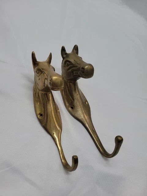 2 Vintage Brass Horse Head Wall Mount Coat Hat Single Hook