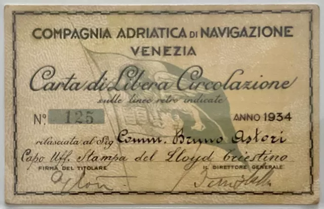 VENEZIA COMPAGNIA ADRIATICA DI NAVIGAZIONE TESSERA Ia CLASSE ANNO 1934