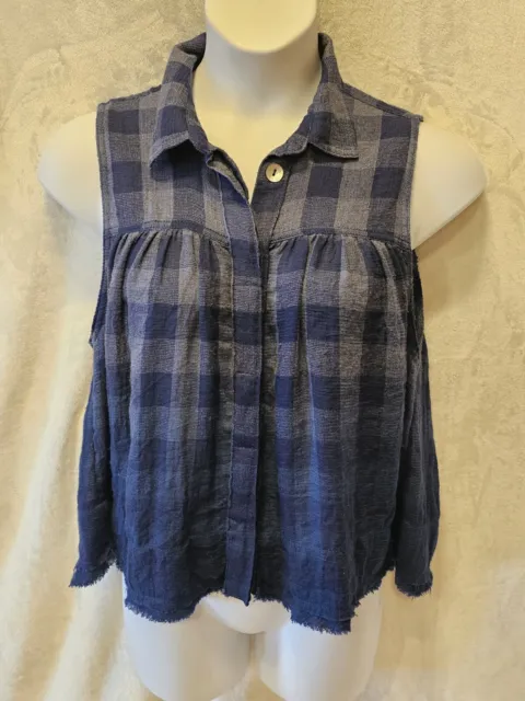 Free People Womens Hey There Sunrise Button Up Shirt Blue Ombre Plaid Sz Medium