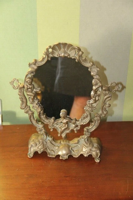 Miroir De Table Psyché Inclinable, Motifs Angelots/puttis, En Laiton Finition Bronze