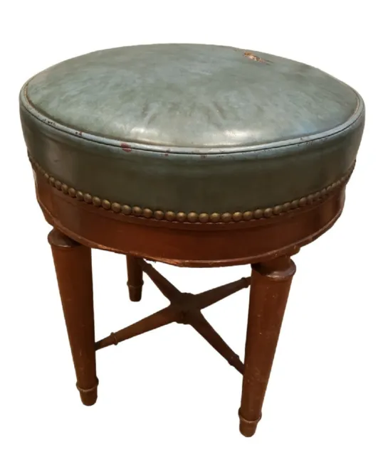 Vintage Wooden  Piano Bar Stool With Green Leather Seat