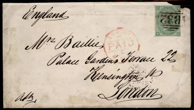 GB QV SG101, 1s green PL 4 WMK EMBLEMS. Cat £450. ON COVER. B32 BUENOS AYRES NB