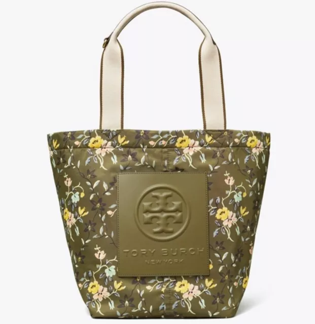Tory Burch Womens Green Floral Printed Nylon Small Tote Shopper Bag Dual Handle