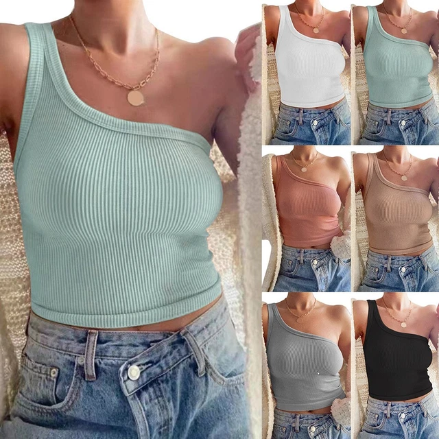 T-shirt donna sexy fuori spalla crop top a costine casual slim fit