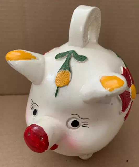 Anthropomorphic Clay Pig PIGGY BANK Chalkware Floral Smiling Pottery 10" Mexico