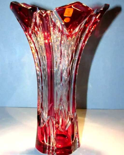 CAESAR CRYSTAL Red Vase Hand Cut to Clear Overlay Czech Bohemia Cased Glass LNIB