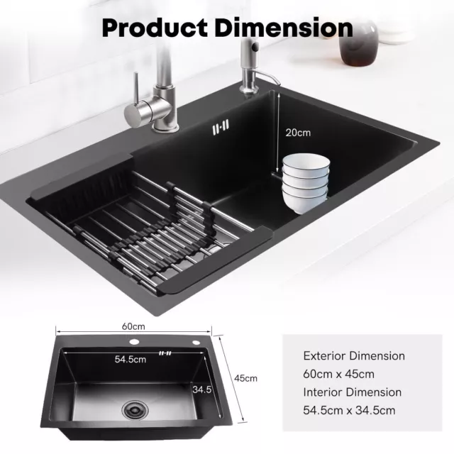 2023 Drop in Topmount Gunmetal Black Nano Kitchen Sink 60x45cm Stainless Steel 2