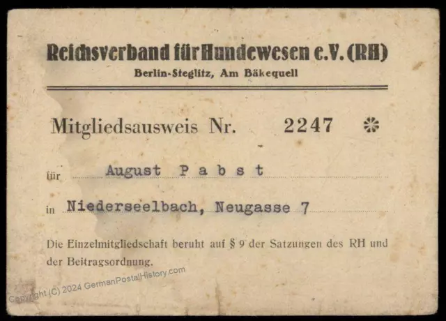 Germany 1943-1945 Reichsverband fuer Hundewesen Dog Fancier Member ID Caer 78724