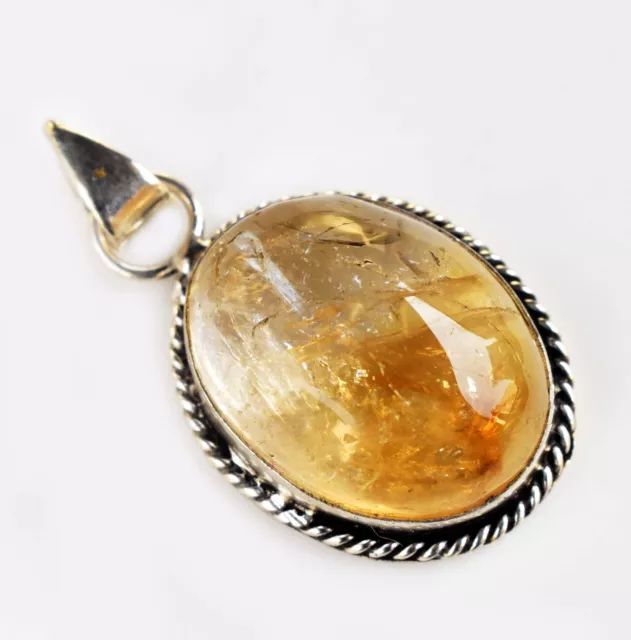 Non Traité Naturel Citrine Jaune 46 CT Ovale 925 Argent Pendentif