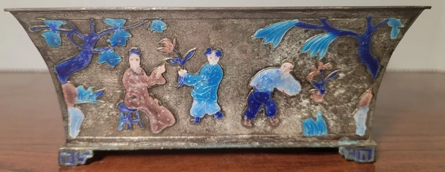 Antique Chinese Bonsai planter Brass and cloisonné Enamel figures China