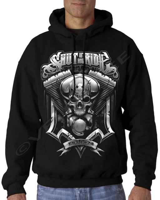 Velocitee Mens Hoodie Shut Up & Ride Biker V Twin Engine & Skull A20309