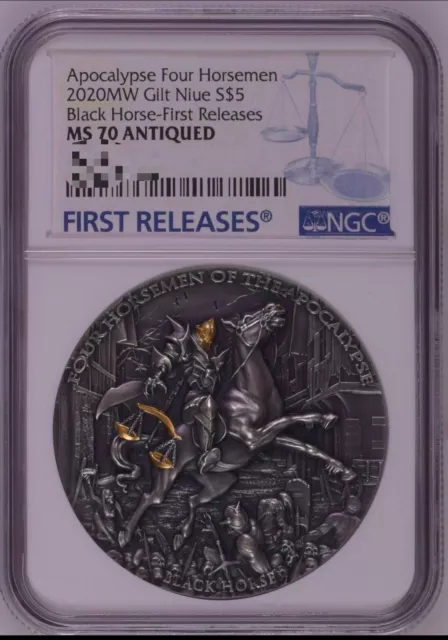 NGC MS70 2020 Niue BLACK HORSE Four Horsemen Of The Apocalypse 2oz Silver Coin