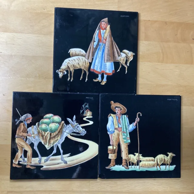 Three Hand Painted Portugese Tiles, ALELUVIA AVELRO, Showing Country Life