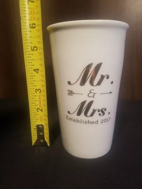 Charming Charlie Ceramic Travel Coffee Mug Gold Lid “Mr. & Mrs.” 12 oz