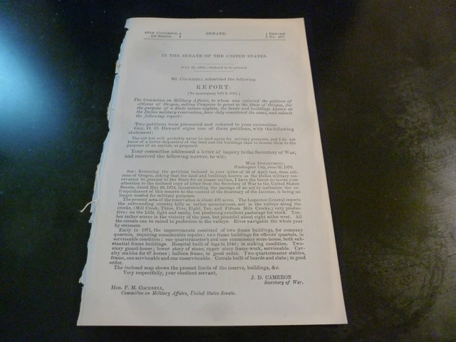 Government Report 1876 Dalles Military Reservation State Insane Asylum Oregon