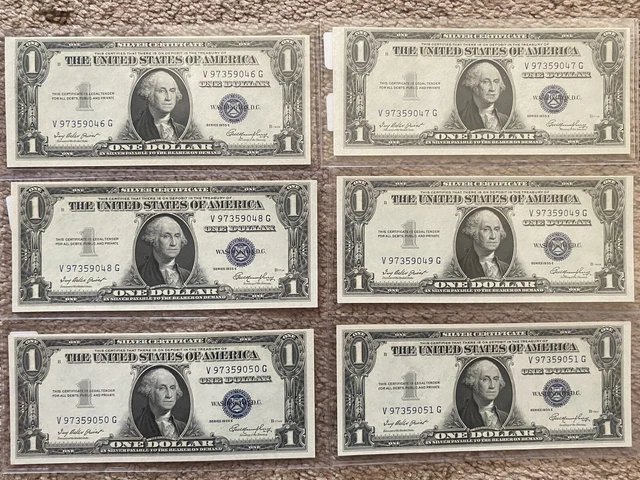 VERY. RARE. SET OF 6 Consecutive $1 Silver Certificate. 1935 E.   Uncirculated