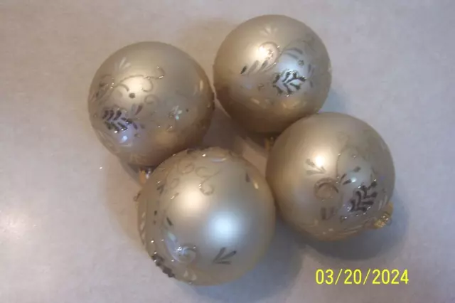 4 - Glass Gold Christmas Ornaments w/ Glitter 3"