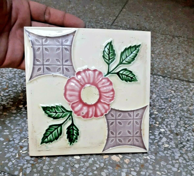 Rare Flowers Ceramic Tiles Porcelain Vintage Art M.s. Tiles Works Made In Japan