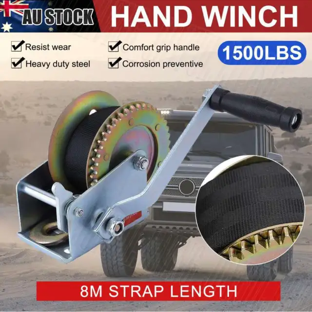 1500LBS/680KGS 2-Ways Synthetic Strap Hand Winch Manual Car Boat Trailer Camper