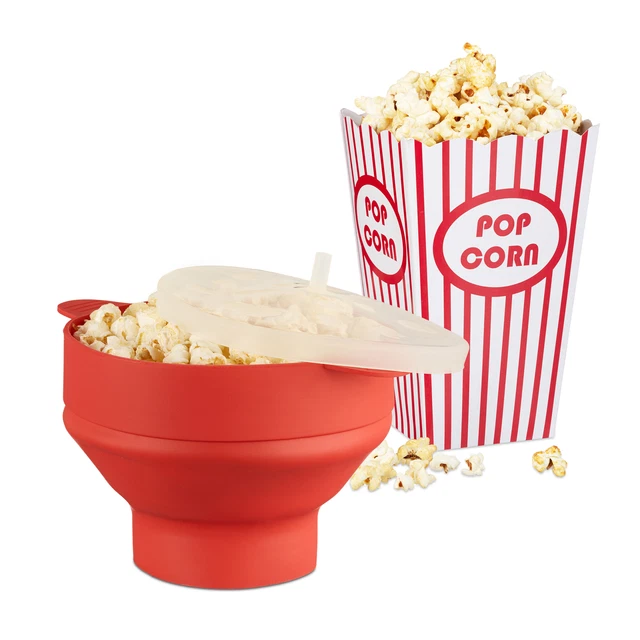 49 tlg. Popcorn Set, roter Popcorn Maker aus Silikon, Popcorntüten rot-weiß