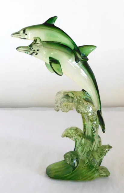 Green Art Glass Double Dolphin / Porpoise Figurine - Ocean Waves - Mother & Baby