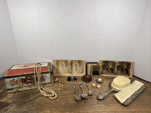 Antique Vintage Junk Drawer Jewelry Brooch Tintype Photo 1868 TinBox Estate Sale