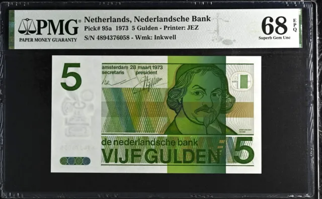 Netherlands 5 Gulden 1973 P 95a Superb Gem UNC PMG 68 EPQ 2nd Top POP