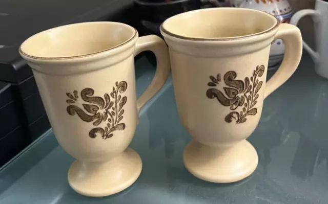 Vintage Pfaltzgraff Village Pattern Footed Pedestal Coffee/Tea Mugs Set of 2