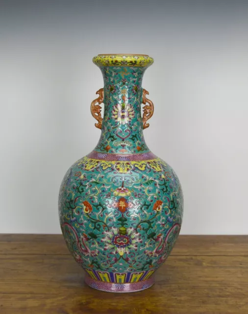 Superb Chinese Qing Jiaqing MK Enamel Floral Turquoise Ground Porcelain Vase