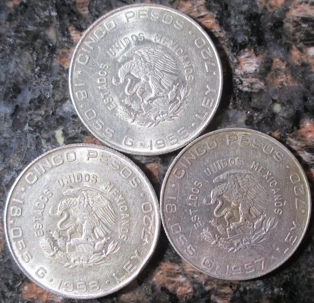 LOT (3) 1955,56,&57 Cinco Pesos Hidalgo Mexican Silver CoinS