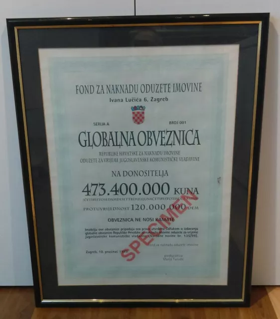 SPECIMEN - GLOBALNA OBVEZNICA CROATIA 473.400.000 Kuna, 120.000.000 DEM, UNIQUE