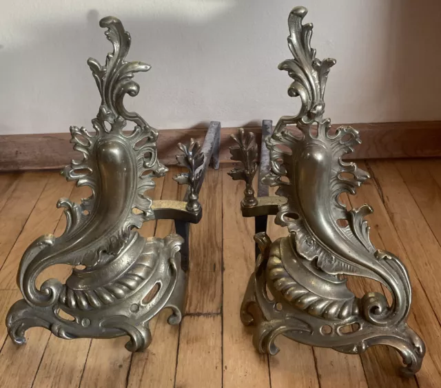 Antique Pair of Andirons French Rococo Baroque Style Brass Leafy Acanthus