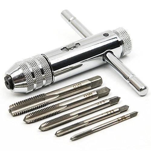 Adjustable Silver T-Handle Ratchet Tap Holder Wrench with 5pcs M3-M8 3mm-8mm