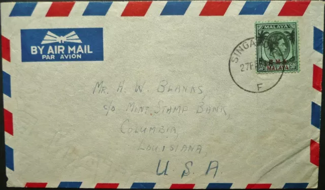 B.m.a Malaya 27 Feb 1946 Kgvi Airmail Cover From "Singapore F" Louisiana, Usa