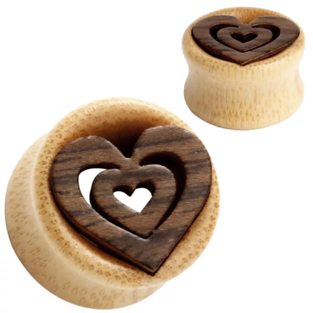 Pair of Bamboo Wood Ear Tunnels - Heart Inlay - Organic Gauges Plugs Earrings