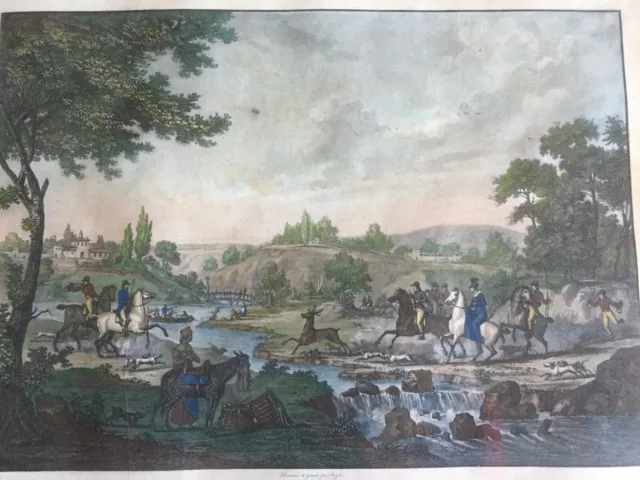 19th century engraving, La chasse au deer, drawn and engraved by Fazet, at Basset Paris