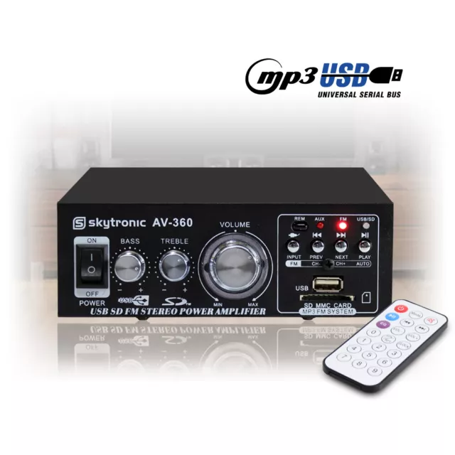 Skytronic AV-360 Hi-Fi Stereo Amp USB MP3 FM Compact Amplifier EQ Remote Control