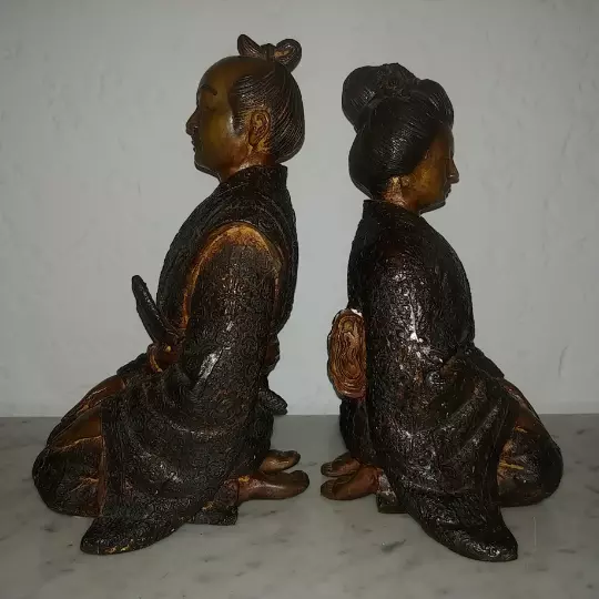 Antique pair of Japanese Geisha and Samurai bronze sculpture circa 1910s