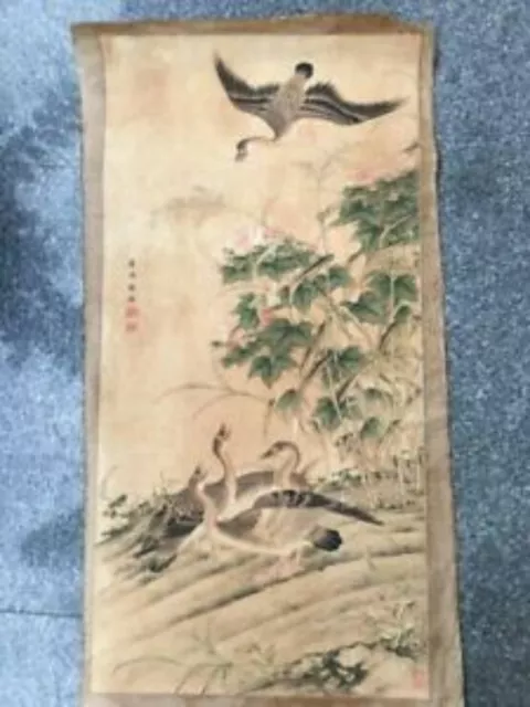 Chinese Old calligraphy Painting scroll "Qiu Jian Hibiscus Reed Wild geese illus