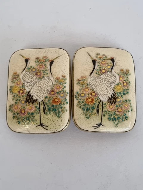 Pair Japanese Silver Enamel Meiji Period Crane Chrysanthemum Belt Buckle