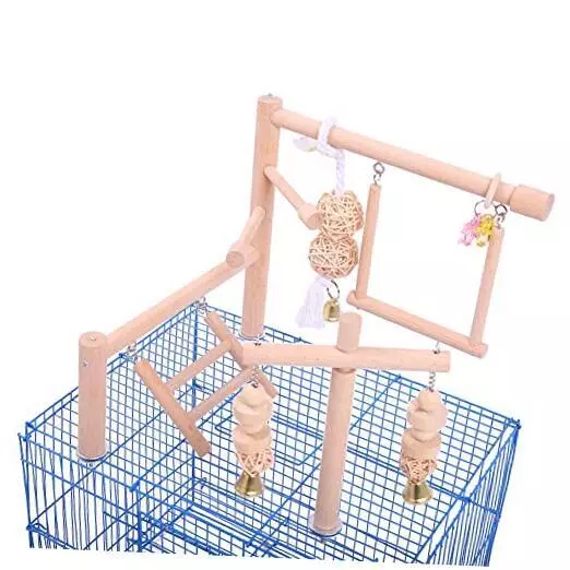 Bird Cage Play Stand Toy Set-Birdcage Wood Stands Hanging Chew Toys Ladder